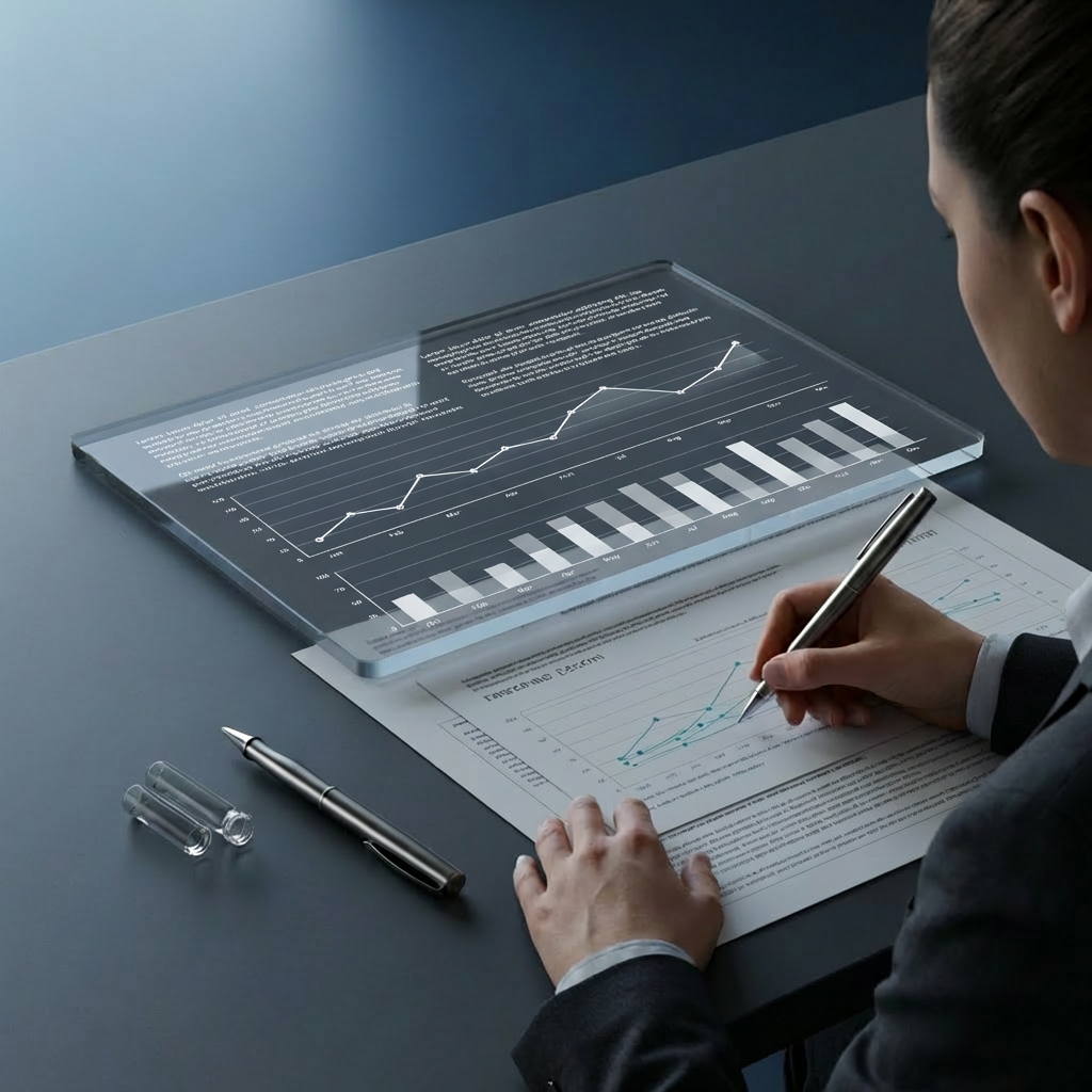 A high-resolution close-up of a transparent acrylic tablet-like display resting on a matte charcoal desk, showing a crisp, abstract dashboard of scientific graphs, clean line charts, and color-coded data points in deep blue and teal. Around it, there are carefully arranged research printouts with precise graphs, a stainless-steel pen, and a single glass sample vial lying on its side, all perfectly aligned. Soft, cool-toned studio lighting from the upper left casts subtle highlights on the acrylic edges and gentle shadows across the desk, emphasizing textures. The background fades into a smooth, defocused gradient of dark blue, suggesting depth and modernity. Shot from a slightly elevated angle with a minimalist, photographic realism style, the atmosphere feels analytical, trustworthy, and entirely data-driven, ideal for showcasing practical scientific insights.